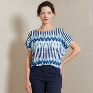 Chico's 2 Blues Vivid Stripe‎ Watercolor Lined Blouse Top SS Boat Neck Large